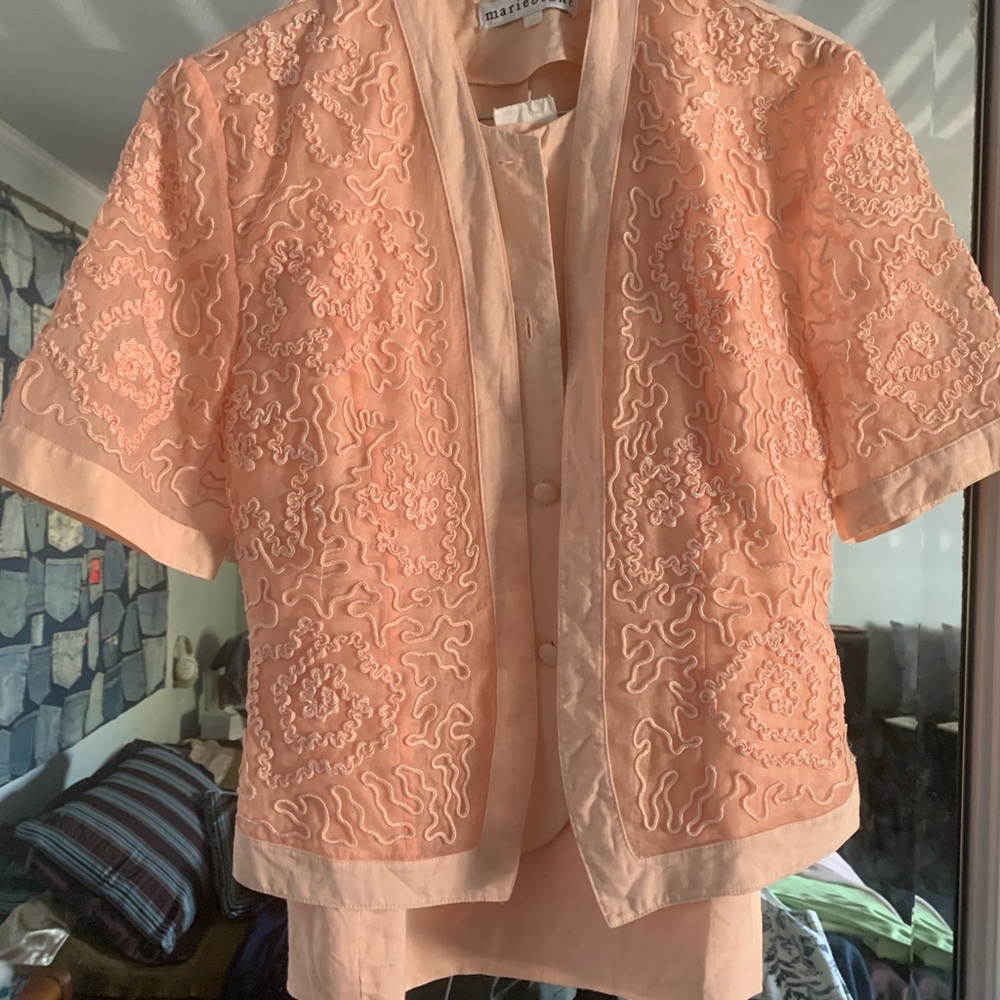Marie Blanc Peach Embroidered Jacket and skirt to Set Vintage